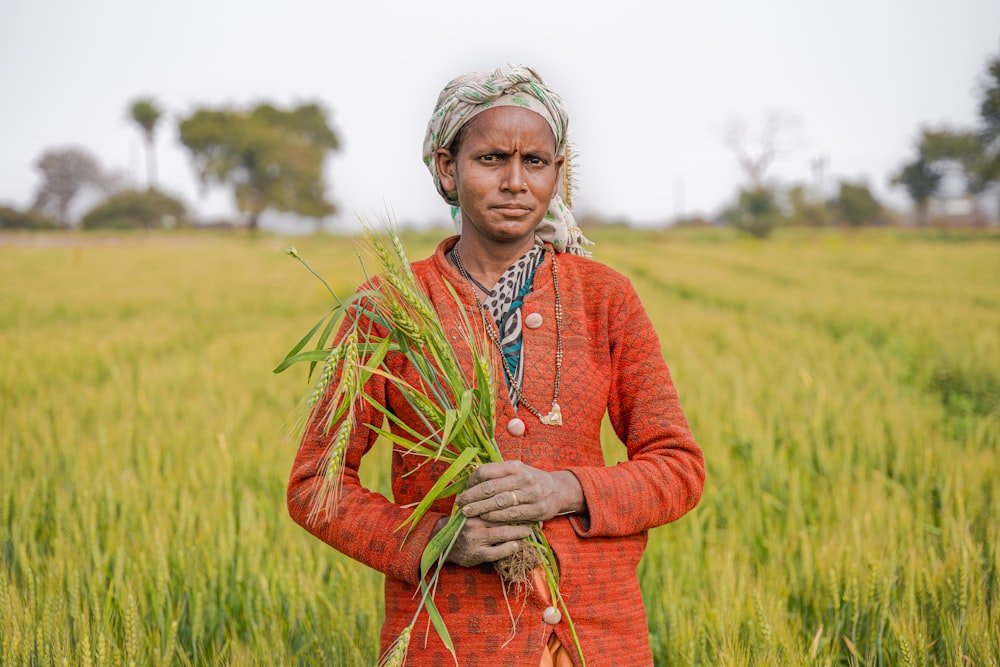 Woman farmer in her field holding a young plant