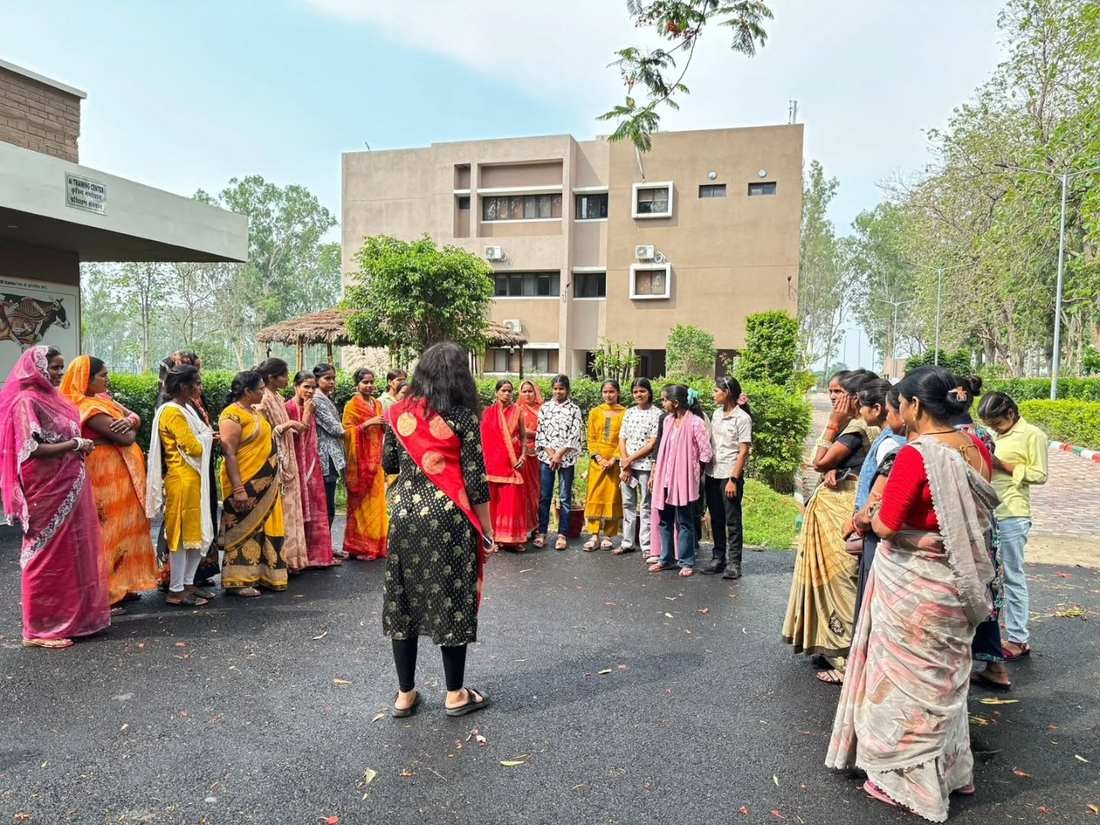 Participants gathered outside the venue of the NDDB Dairy Services bio-enzyme and candle making training, Lakhimpur district, Uttar Pradesh