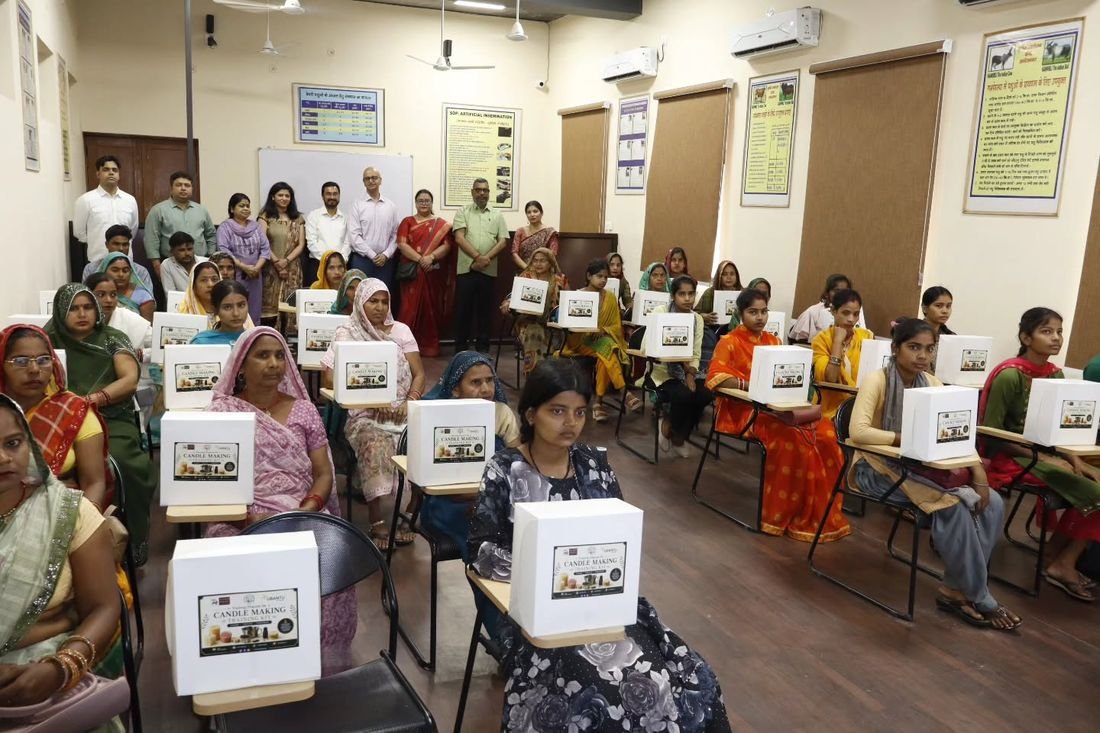 Participants with their training kits at the NDDB Dairy Services bio-enzyme and candle making training, Lakhimpur district, Uttar Pradesh