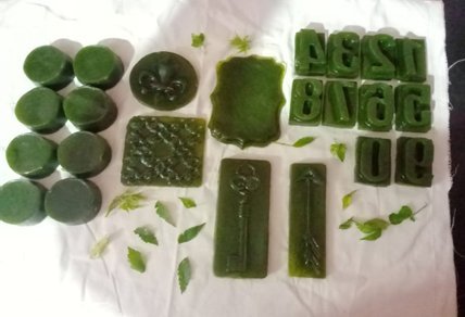 Bio-enzyme cleaning blocks made by SHG women in Goa, laid out for demonstration