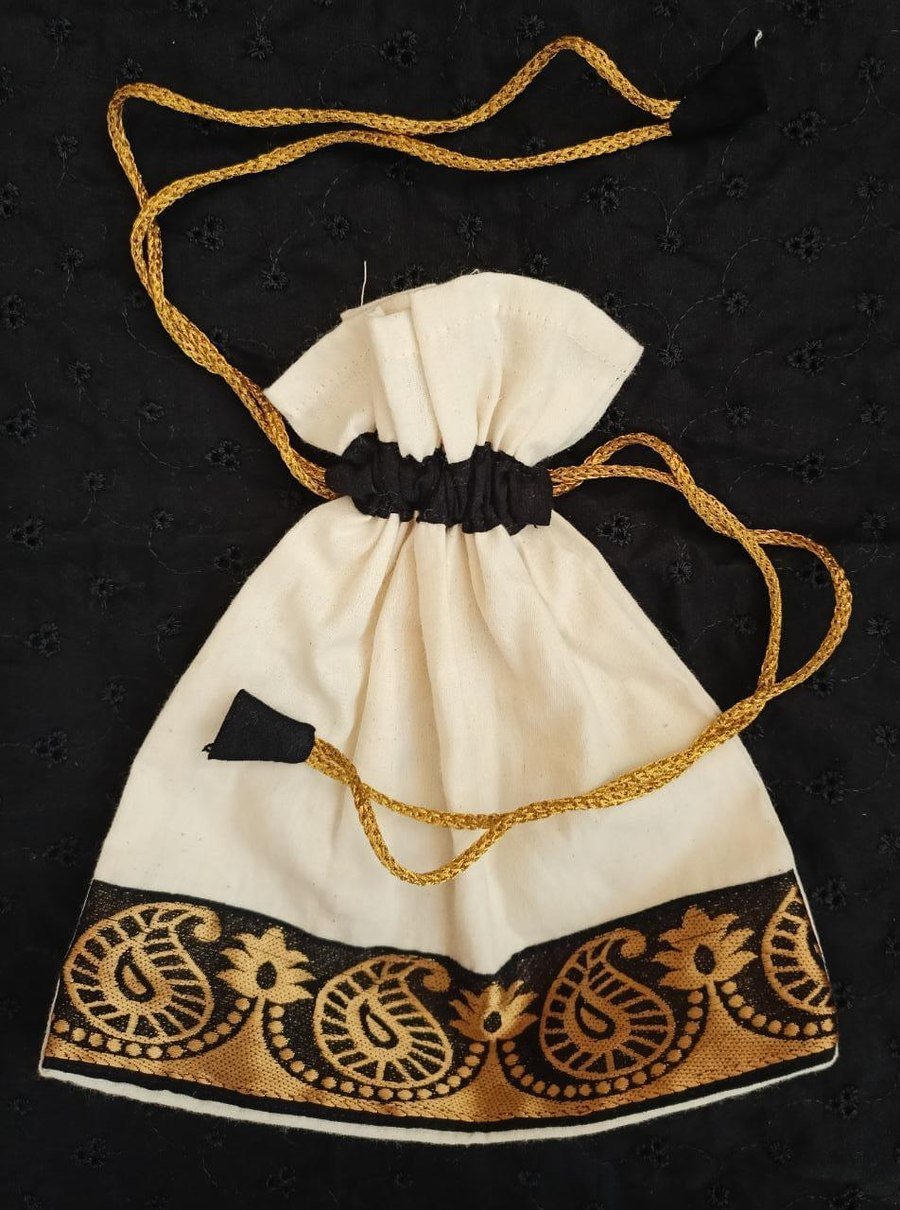 An embroidered drawstring pouch made by women at the Goa livelihood centre