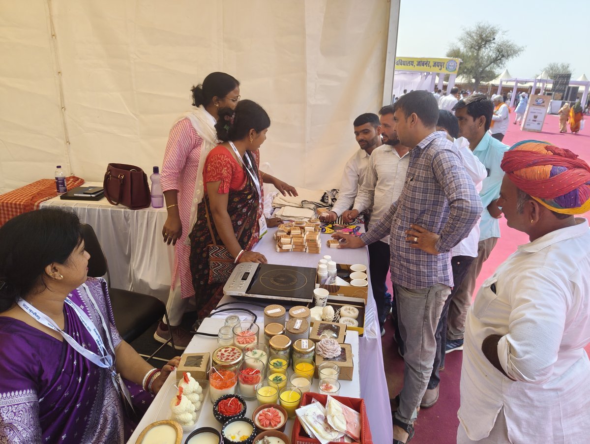 Candles and soaps made by Ubantu-trained self-help groups on display at an exhibition stall in Jobner, Jaipur district, Rajasthan