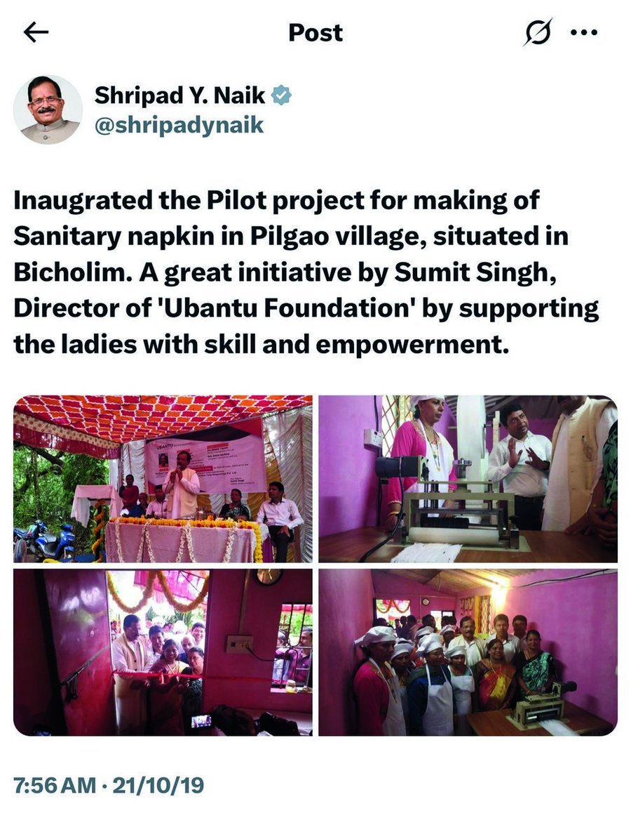 Screenshot of a 21 October 2019 post by Union Minister Shripad Y. Naik about the sanitary napkin pilot project in Pilgao village