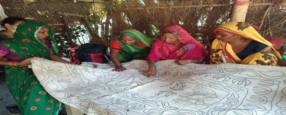Colourful fabric pieces used in a stitching training session in Uttar Pradesh