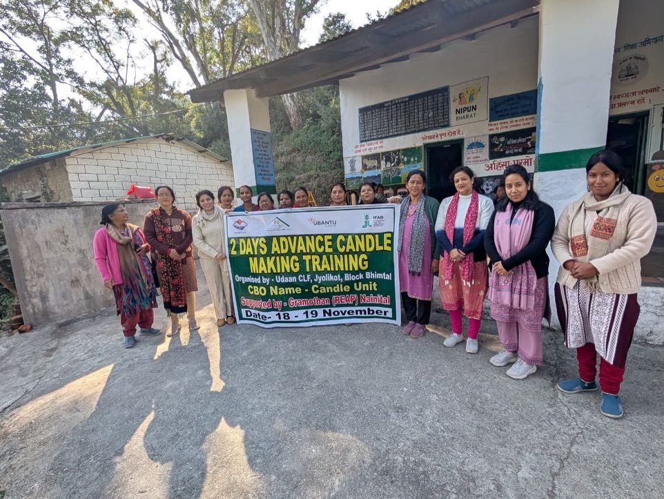 Trainers and participants outside the advance candle making training at Jyolikot, Block Bhimtal, Uttarakhand